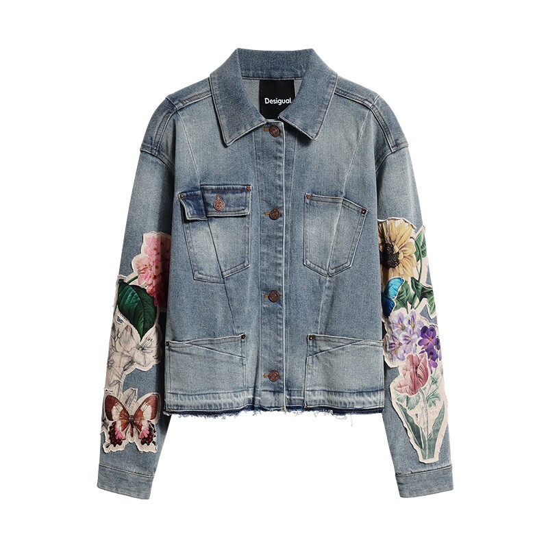 Desigual26秋冬新品宽松花卉印花贴布解构口袋女式牛仔女式外套