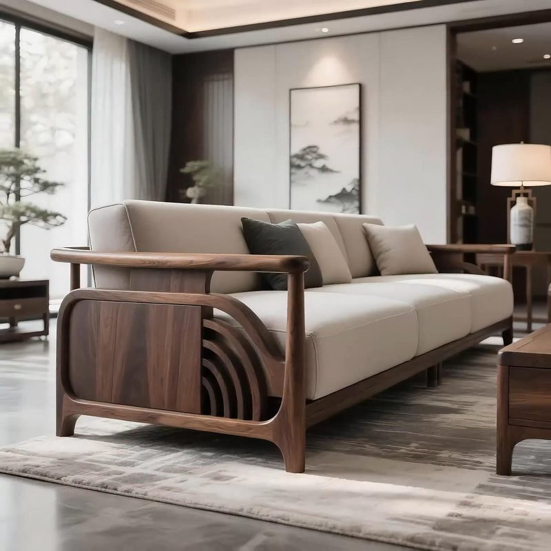 新中式黑胡桃木实木沙发现代简约轻奢皮艺两三人位沙发茶几组合