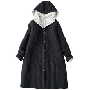 文艺女装亚麻夹棉长袖连帽外套秋冬条纹夹层棉衣棉服中长款薄棉袄