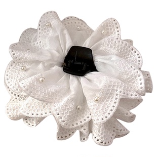 法式白色花朵蕾丝仿珍珠抓夹女温柔百搭后脑勺发夹鲨鱼夹马尾发卡