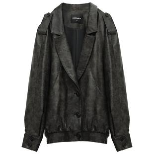 COCOBELLA手工擦色时尚PU皮衣外套女秋冬棒球服机车夹克PU3001
