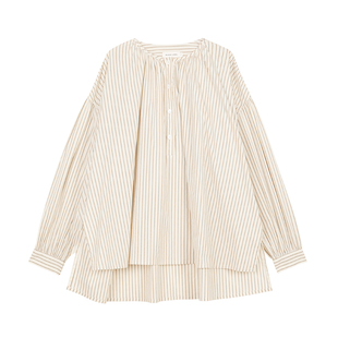BLANK LABEL棉锦混纺精纺立体条纹落肩小衫长袖衬衫女春夏季上衣