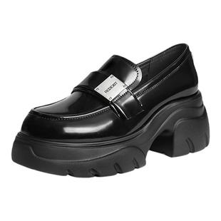 红蜻蜓厚底乐福鞋女春季新款一脚蹬女鞋粗跟增高英伦风黑色小皮鞋