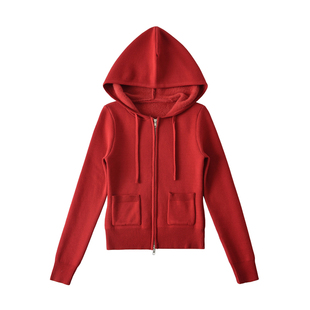 辣妹风加绒连帽双拉链针织开衫女秋冬季修身显瘦带兜短款毛衣外套