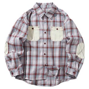 mipo春季儿童衬衫磨毛格纹拼接秋冬叠穿百搭格子拼接上衣外套休闲