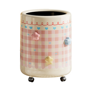 儿童房高颜值甜美可爱风圆桶垃圾桶卡通格纹星星装饰带轮移动家用