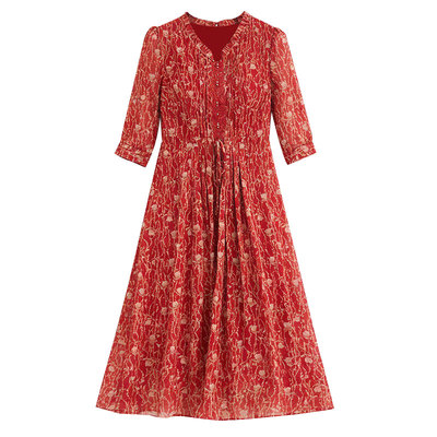 夏季妈妈装台湾纱网纱过膝连衣裙