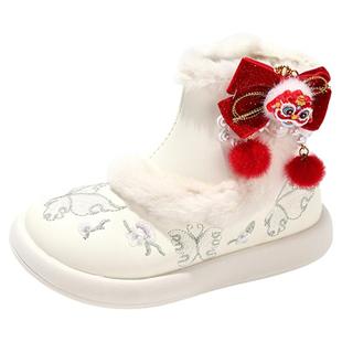 官网C&K女童汉服鞋冬季2025新款儿童雪地靴加绒保暖拜年绣花棉鞋