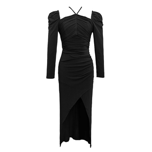 法式挂脖露背方领小礼服日常可穿轻奢气质修身吊带不规则性感裙子