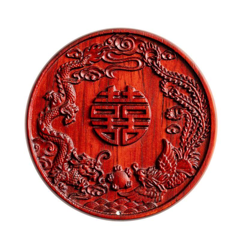 中式复古檀木小镜子紫檀圆形便携化妆镜龙凤呈祥双喜结婚陪嫁礼品
