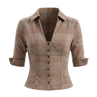 PynkiSwear 白色/棕色格纹V领收腰中袖衬衫高智感修身显瘦衬衣女