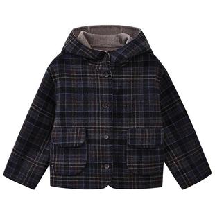 哈齿童装秋冬儿童上衣韩版复古格子冬装男童女童双面呢连帽外套短