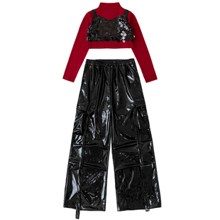 爵士舞服装女童时髦假两件亮片上衣jazz舞蹈服女团韩舞街舞演出服