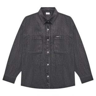 GWIT 天丝垂感缎面春秋内搭松弛感长袖衬衣外套炭黑色牛仔衬衫男