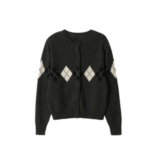韩国nothingwritten吴小姐自留撞色菱形格纹针织开衫圆领毛衣新款