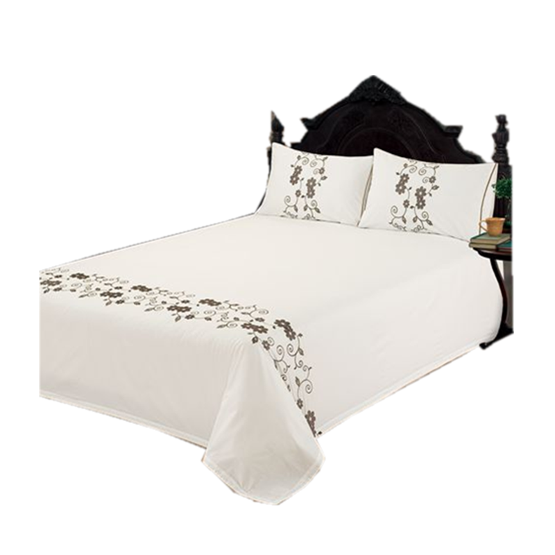 外贸全棉纯棉绣花刺绣米白色欧式简约1.5m1.8m床上用品床单三件套