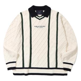 RomanticCrown 个性翻领华夫格针织开衫V领毛衣百搭上衣