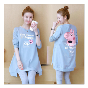 孕妇装秋装套装中长款宽松大码卫衣长袖上衣T恤两件套外穿春秋装