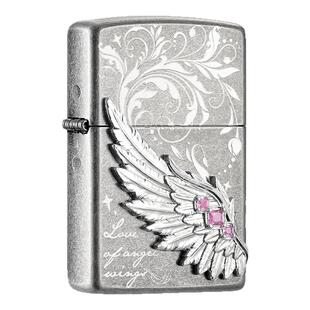 zippo打火机 热恋之翼粉钻仿古银雕刻送男友生日礼物正品煤油防风
