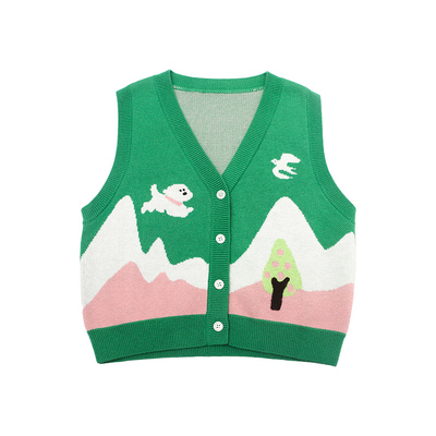 优露清新文艺提花绿无袖开衫背心