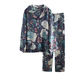 人造棉睡衣女式INS春秋款夏季薄凉感人棉绵绸长袖印花家居服套装