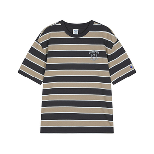 Champion冠军短袖男2026春季新款条纹纯棉T恤复古校园风女潮宽松