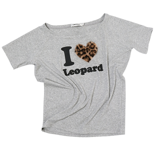 CLIMAX VISION莱赛尔天丝美式豹纹爱心一字肩斜肩堆叠两穿短袖T恤