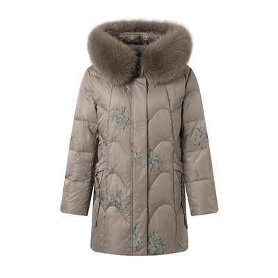 雅鹿中长款加厚白鸭绒连帽羽绒服