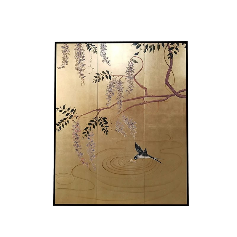 中式复古金箔手绘紫藤屏风定制