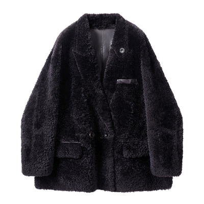 赛巴盾西班牙拉贡羊皮毛一体女士中长阔版西装领西服真皮皮草大衣