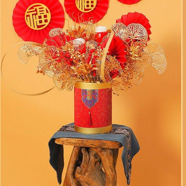 13套二福桶批发新年纹花桶红色装饰如意摆件烫金竖抱抱喜庆桶包装