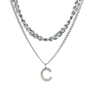 CHUZAI C字母双层项链男女轻奢小众新款潮流嘻哈冷淡风叠戴毛衣链