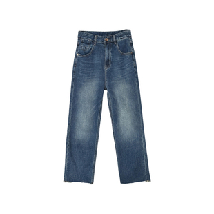 自留巨爱！~毛边高腰做旧九分法棍牛仔裤子女显瘦小个子直筒裤新