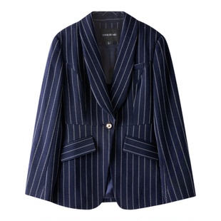 醋酸混纺藏蓝色条纹提花青果领修身时髦百搭大女主女士西装