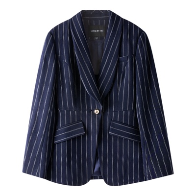 醋酸混纺藏蓝色条纹提花青果领修身时髦百搭大女主女士西装