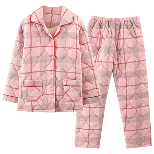 冬季中老年人妈妈睡衣女纯棉加厚三层夹棉袄秋冬加棉保暖全棉套装