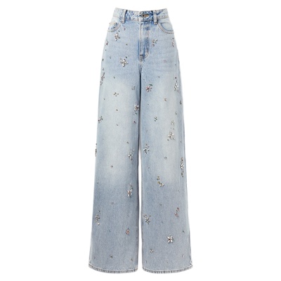 self-portrait钻饰花阔腿牛仔裤