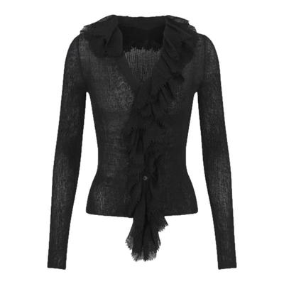 宋祖儿同款黑色v领荷叶边针织衫