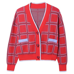 春秋针织衫毛衣格纹线开衫鸟撤柜女装 一线品牌 正品剪牌青仓Z391