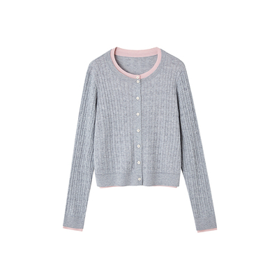 indicia标记2026春季新款韩系灰粉撞色舒适短款显高开衫L2A6KS023