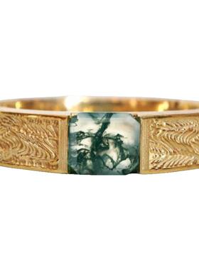 925纯银镀金绿色苔藓玛瑙戒指