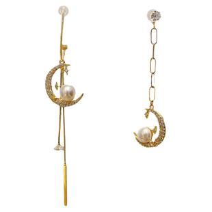 日月星辰耳环女不对称AB款设计珍珠镀金耳坠高级感防过敏耳饰礼物