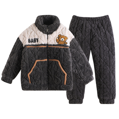 卡通儿童三层夹棉男童睡衣冬季珊瑚加厚男孩法兰绒亲子家居服套装