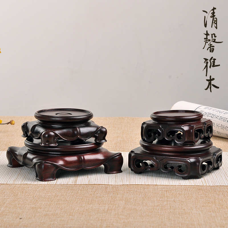 整木玉器奇石头茶壶香炉花瓶花盆景摆件底座红木圆形实木托架复古