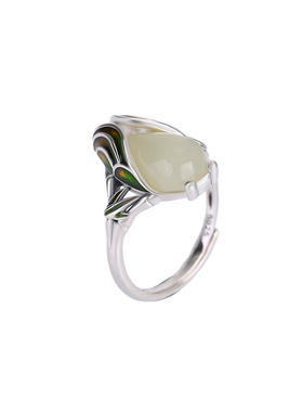 山予棠S925纯银和田玉国潮珐琅金蝉竹叶戒指新中式民族风知了指环