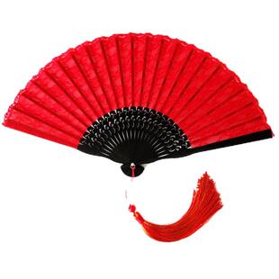 中国风COS大红色扇子蕾丝扇日式折扇子女士舞蹈扇古典古风折叠夏