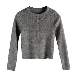 BERAN 水原希子圆领多色胸前系扣高腰短款螺纹长袖针织衫上衣