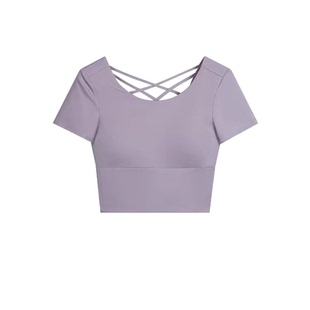 瑜伽服女短袖紫色美背交叉带速干健身运动上衣高级感专业训练服