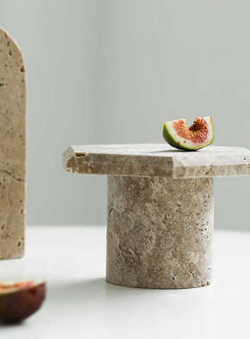 侘寂风创意黄洞石装饰摆件复古欧式收纳托盘高脚置物盘蛋糕水果盘