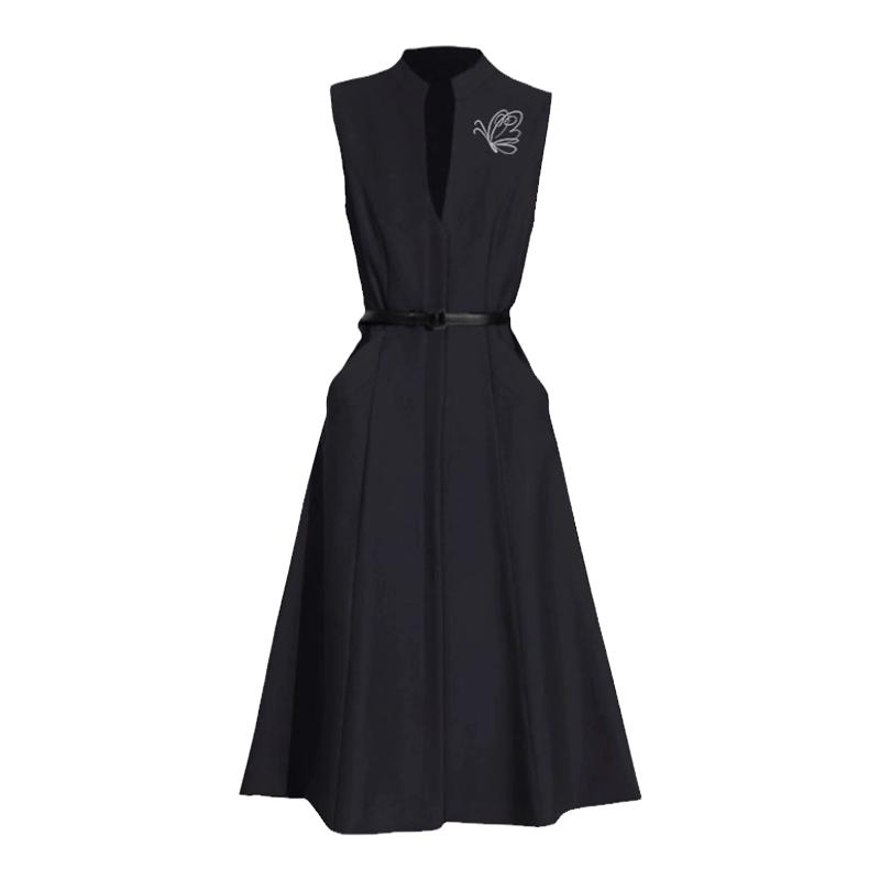 设计感刺绣马甲裙女2025秋冬中长款过膝无袖气质叠穿连衣裙1130